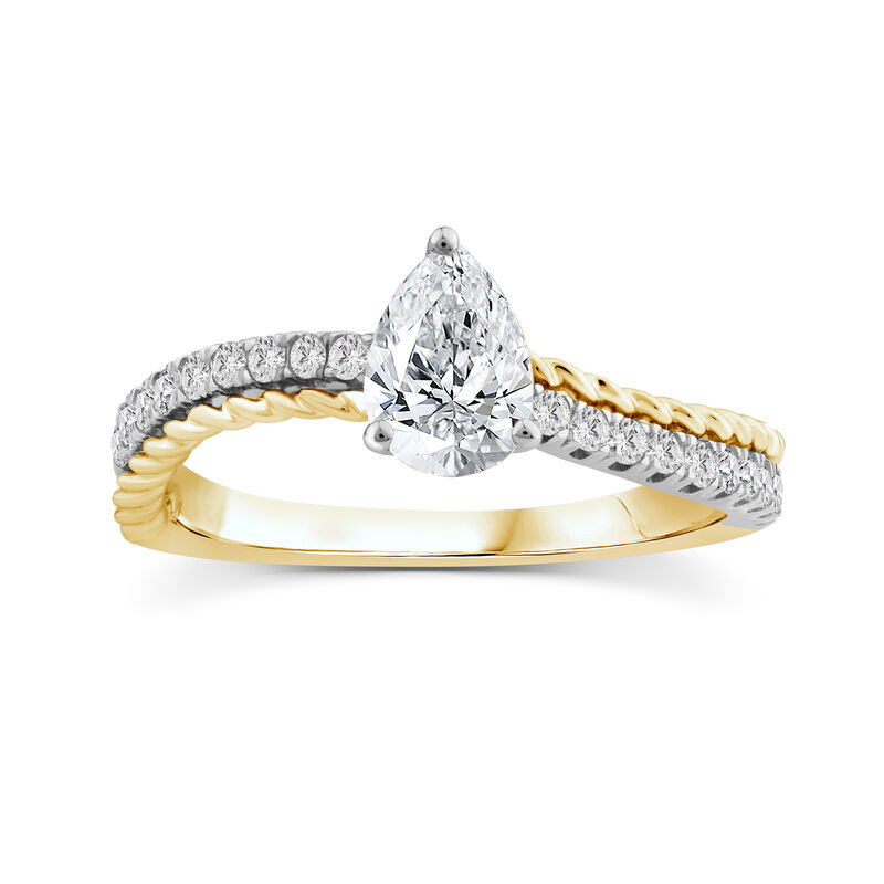 Pear Shape Diamond 1ctw. Two Row Curved Beaded Engagement Ring in 14k Two Tone Gold image number null